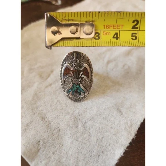 Vintage Navajo Sterling Silver Turquoise Inlay Bird Ring Size 10.5-11